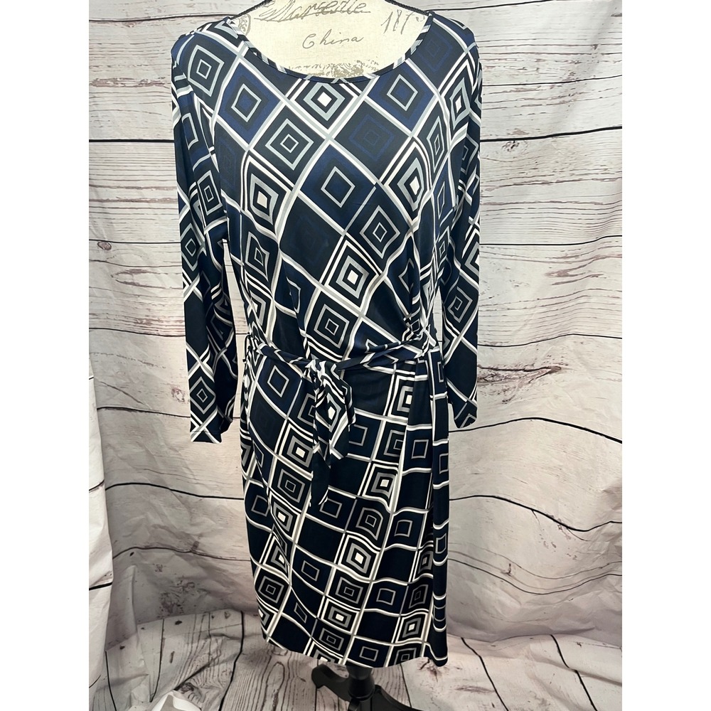 Anne Klein XL Black White Geometric Print Long Sleeve Belted Dress